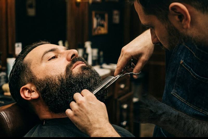 Beard being trimmed and shaped with scissors and comb