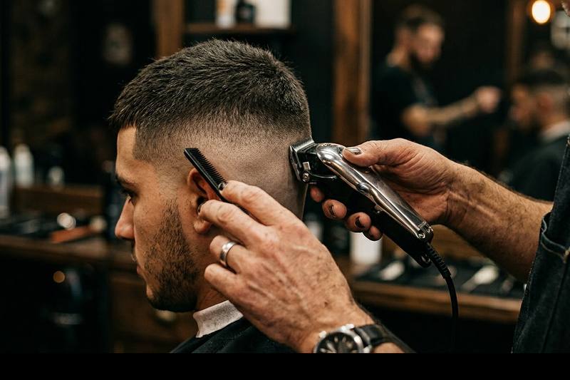 Barber using clippers to blend a skin fade