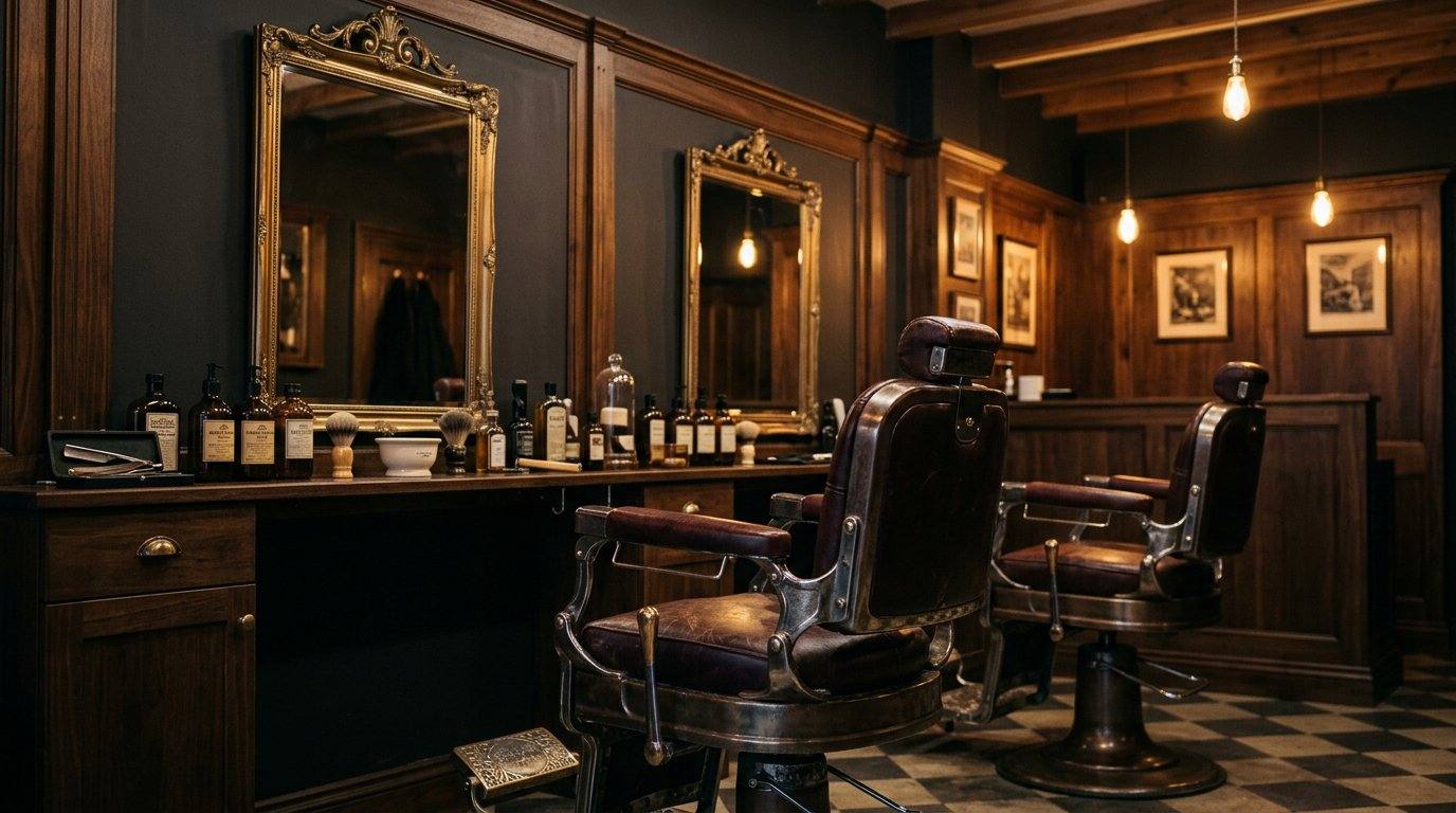 Inside West End Barbers: vintage leather barber chairs, brass mirrors and warm lighting