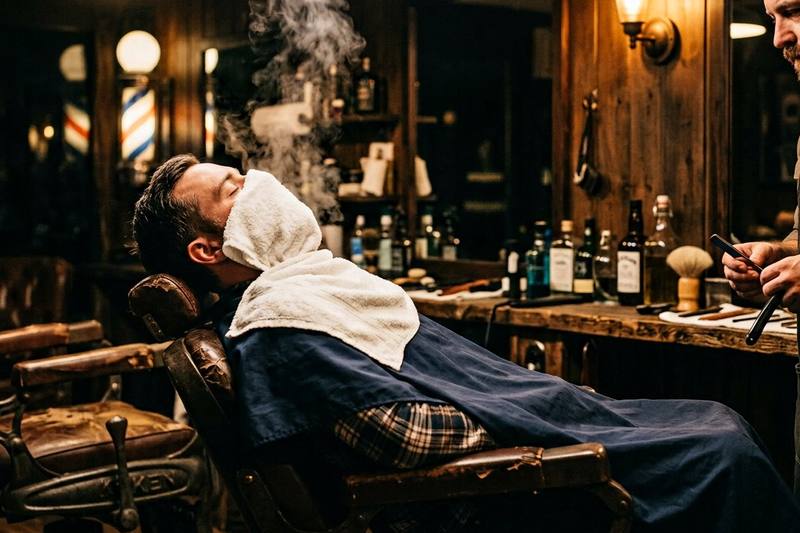 Hot towel shave in progress with a straight razor